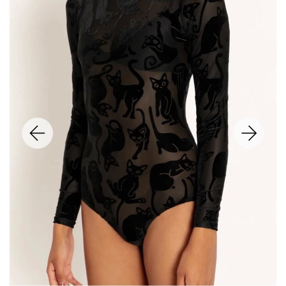 BlackMilk Clothing Black Velvet Burn-out Bodysuit - Cat Print